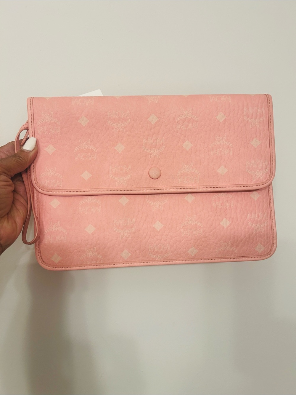 MCM Pink Monogram Clutch Pouch with Gold Hardware